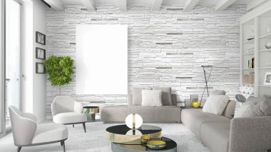 Boş çerçeve ile modern parlak iç. 3D render