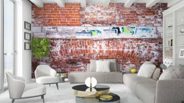 Modern parlak iç. 3D render