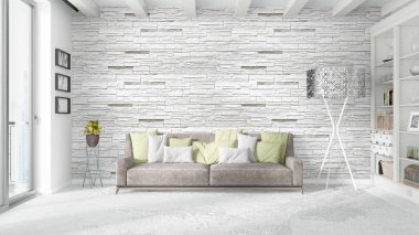 Modern parlak iç. 3D render