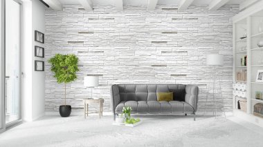 Modern parlak iç. 3D render