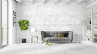 Modern parlak iç. 3D render