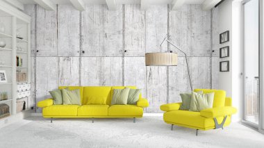 Modern parlak iç. 3D render