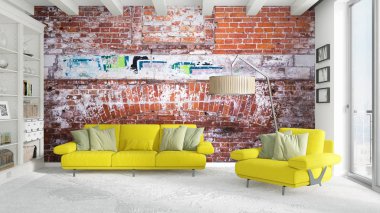 Modern parlak iç. 3D render