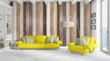 Modern parlak iç. 3D render