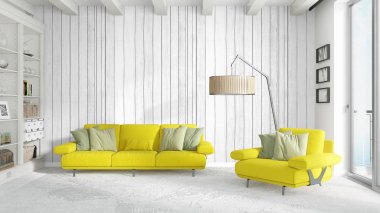 Modern parlak iç. 3D render
