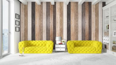 Modern parlak iç. 3D render