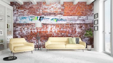 Modern parlak iç. 3D render