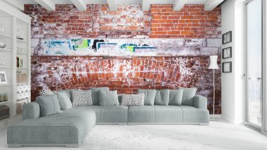 Modern parlak iç. 3D render