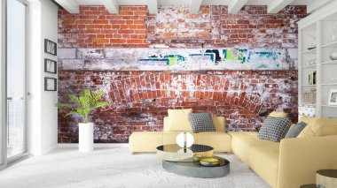 Modern parlak iç. 3D render