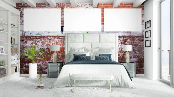 Boş çerçeve ile modern parlak iç. 3D render