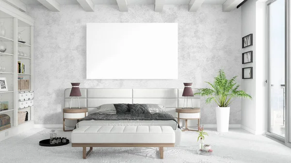 Interior moderno y luminoso con marco vacío. Renderizado 3D —  Fotos de Stock
