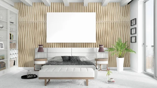 Modernes helles Interieur mit leerem Rahmen. 3D-Darstellung — Stockfoto