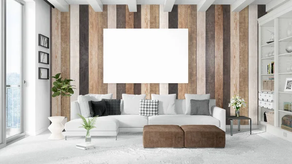 Boş çerçeve ile modern parlak iç. 3D render