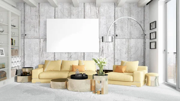 Boş çerçeve ile modern parlak iç. 3D render