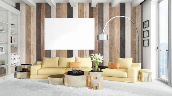 Boş çerçeve ile modern parlak iç. 3D render