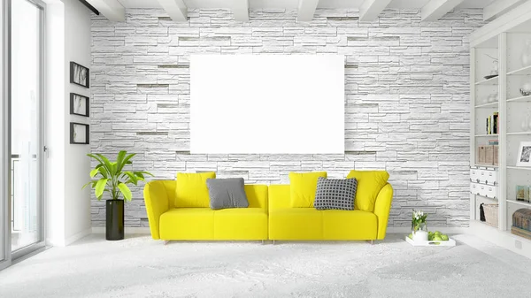 Modern bright interior with empty frame . 3D rendering — Stock Photo, Image