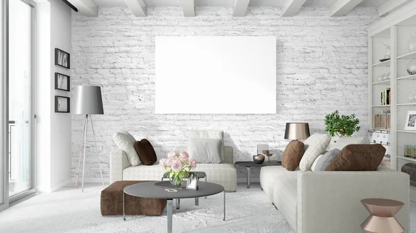 Boş çerçeve ile modern parlak iç. 3D render