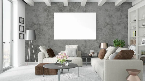 Boş çerçeve ile modern parlak iç. 3D render