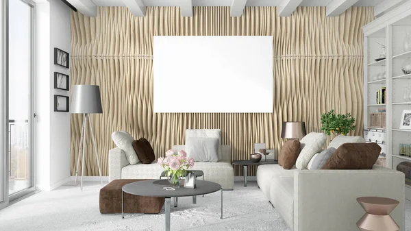 Boş çerçeve ile modern parlak iç. 3D render