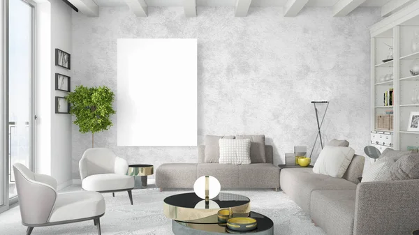 Modern bright interior with empty frame . 3D rendering — Stock Photo, Image