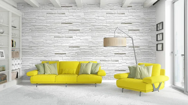 Modern parlak iç. 3D render