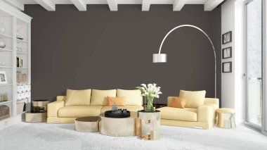 Modern parlak iç. 3D render