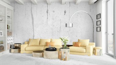 Modern parlak iç. 3D render