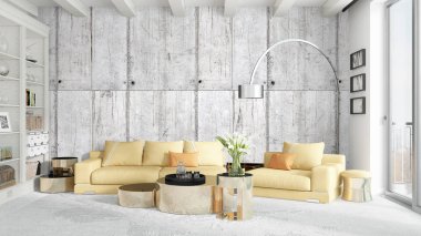 Modern parlak iç. 3D render