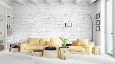 Modern parlak iç. 3D render