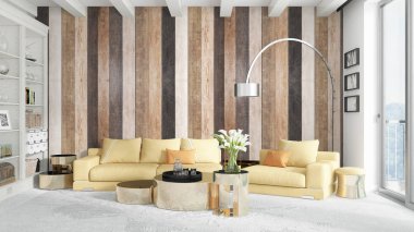 Modern parlak iç. 3D render