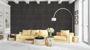 Modern parlak iç. 3D render