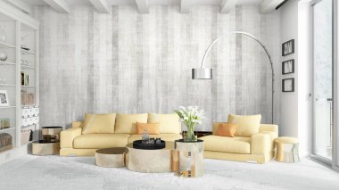 Modern parlak iç. 3D render