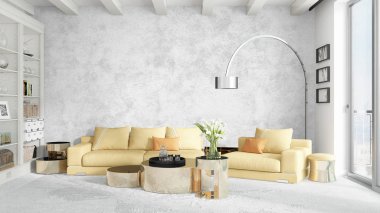 Modern parlak iç. 3D render