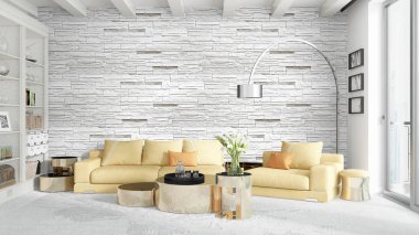 Modern parlak iç. 3D render