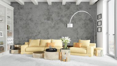 Modern parlak iç. 3D render