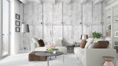 Modern parlak iç. 3D render