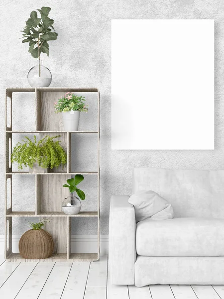 Modern bright interior with empty frame . 3D rendering — Stock Photo, Image