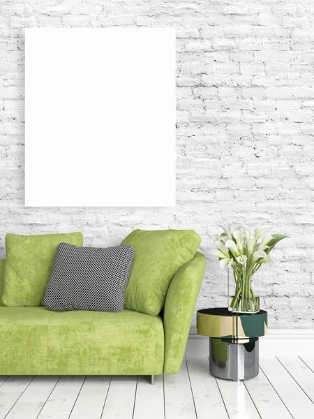 Modern bright interior with empty frame . 3D rendering — Stock Photo, Image