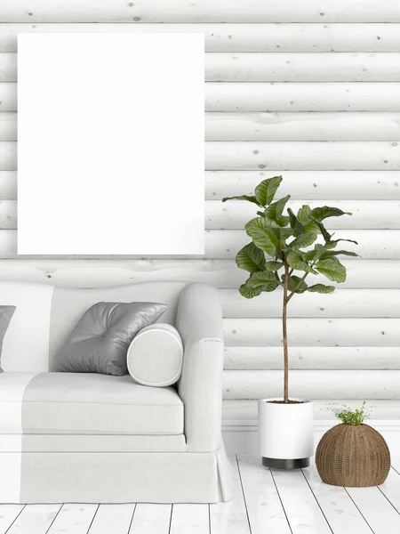 Modern bright interior with empty frame . 3D rendering — Stock Photo, Image