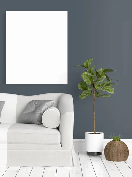 Modern bright interior with empty frame . 3D rendering — Stock Photo, Image