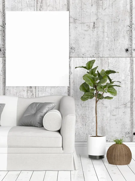 Modern bright interior with empty frame . 3D rendering — Stock Photo, Image