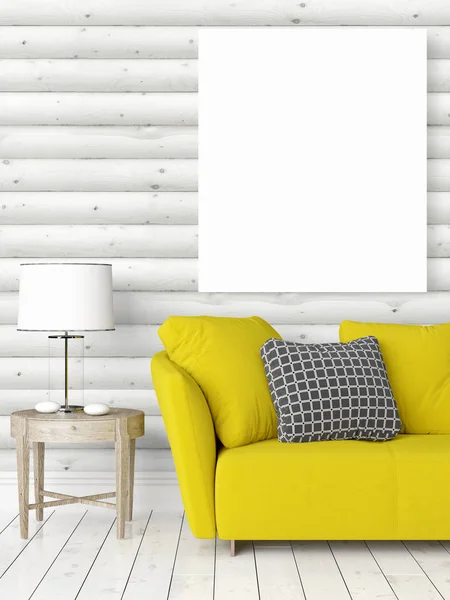 Modern bright interior with empty frame . 3D rendering — Stock Photo, Image