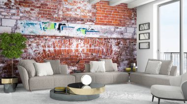 Modern parlak iç. 3D render