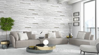 Modern parlak iç. 3D render