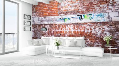 Modern parlak iç. 3D render