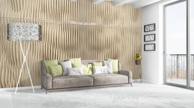 Modern parlak iç. 3D render