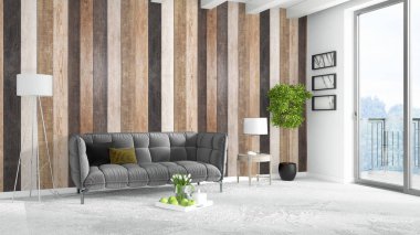 Modern parlak iç. 3D render