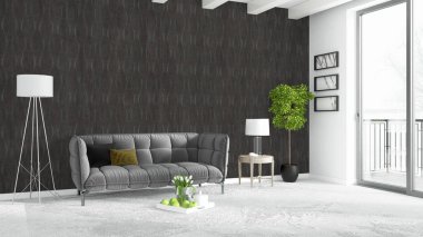 Modern parlak iç. 3D render