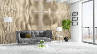 Modern parlak iç. 3D render