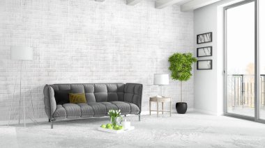 Modern parlak iç. 3D render